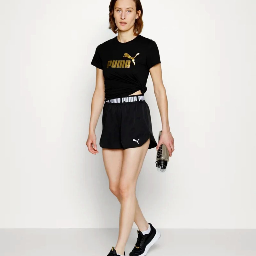 Puma Slim-Fit Short-Sleeve Tee Shirt Black Metallic Gold Logo Graphic Front M